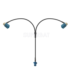 Fakra Water Blue Straight Plug to Fakra Water Blue Right Angle Jack to Fakra Water Blue Right Angle Jack RG174 Y shape