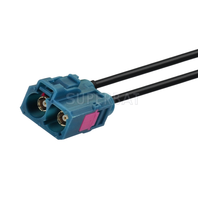 Fakra Water Blue Double Straight Jack to ISO Straight Jack RG174  V shape