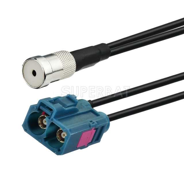 Fakra Water Blue Double Straight Jack to ISO Straight Jack RG174  V shape