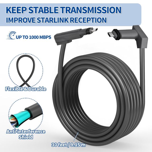 GODPEE 30Ft Replacement Cable for Starlink V2 [ Standard Actuated ] Satellite Dish Antenna - with Cable Feed Through Bushings & Wire Clips - Heat Resistant Extension Cable Accessories for Starlink