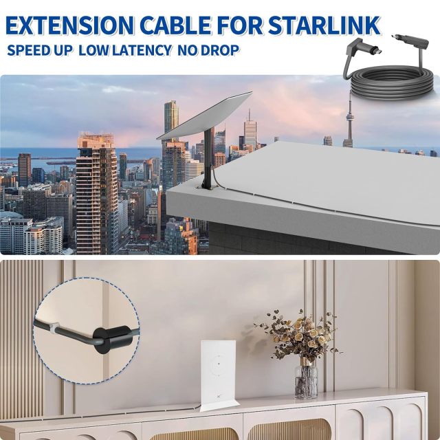 GODPEE 30Ft Replacement Cable for Starlink V2 [ Standard Actuated ] Satellite Dish Antenna - with Cable Feed Through Bushings & Wire Clips - Heat Resistant Extension Cable Accessories for Starlink