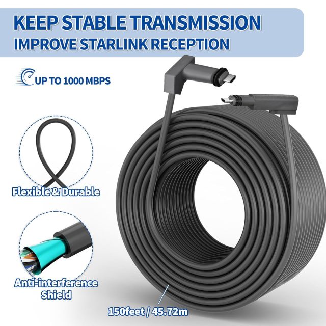 GODPEE 150Ft Replacement Cable for Starlink V2 [ Standard Actuated ] Satellite Dish Antenna - with Cable Feed Through Bushings & Wire Clips - Heat Resistant Extension Cable Accessories for Starlink