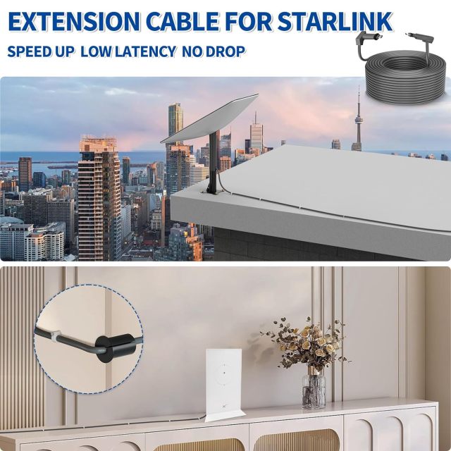 GODPEE 150Ft Replacement Cable for Starlink V2 [ Standard Actuated ] Satellite Dish Antenna - with Cable Feed Through Bushings & Wire Clips - Heat Resistant Extension Cable Accessories for Starlink