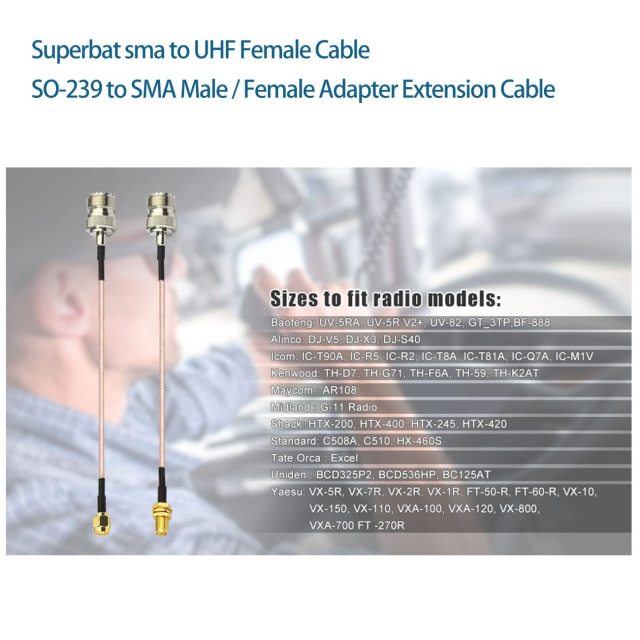 Superbat Coax UHF Female SO-239 to SMA Male/SMA Female Adapter Extension Cable RG316 12" for Baofeng CB Radio Handheld Walkie Talkie 2pcs