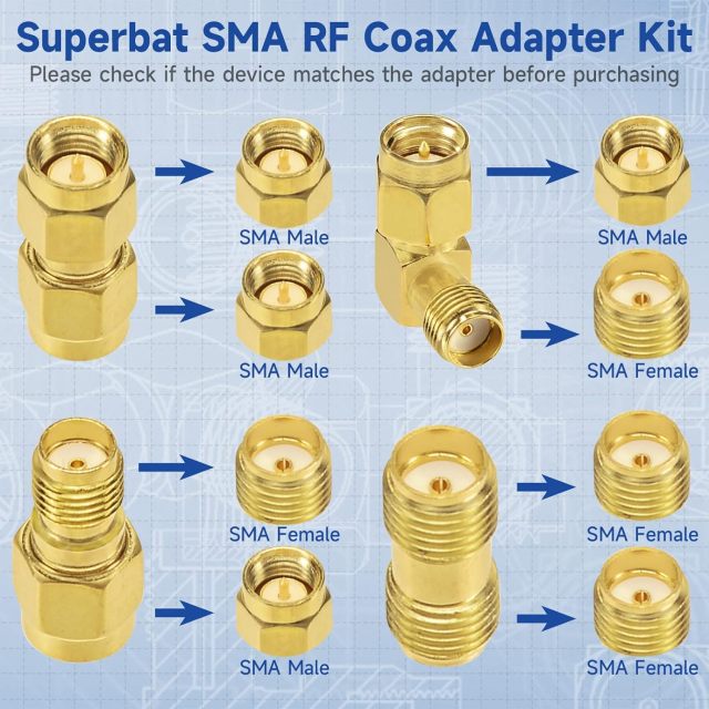 Superbat Adapter Kit - 4Pcs SMA Male Female RF Coaxial Connector for 50 Ohm Antenna, Radio, WiFi, FPV, SDR etc.