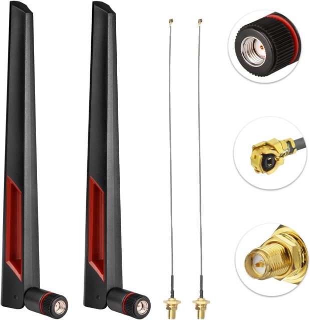 SUPERBAT 8dBi WiFi Antenna 2.4GHz 5GHz 5.8GHz Dual Band RPSMA Antenna + 15CM U.fl/IPEX to RP-SMA Pigtail for Mini PCIe Card Wireless Routers, PC Desktop, Repeater, FPV UAV Drone 2pcs