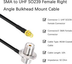Superbat SMA to SO239 Adapter Cable, SMA Female to SO239 UHF Female RG58 Coaxial Jumper Cable 3ft for Wouxun Baofeng Handheld Antenna Cable Ham Radio Antenna Adapter etc.
