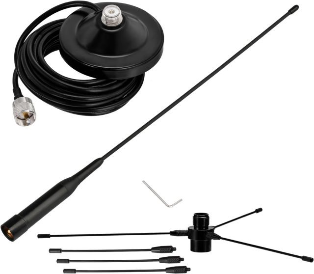 Bingfu Vehicle Mobile Ham Radio Antenna with Ground Planes Dual Band VHF UHF 136-174MHz 400-470MHz Magnetic Base Mount Soft Whip Antenna PL259 Male Connector for Car Amateur Radio Marine VHF Radio