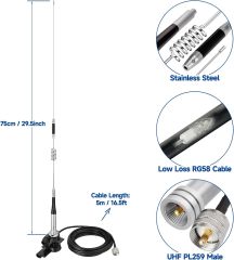 Bingfu Vehicle Ham Radio Mobile Radio Antenna VHF UHF 136-174MHz 400-470MHz Car Truck Amateur Radio Two Way Radio Antenna with Lip Mount Fixed Bracket PL259 Male 5m 16.5 feet RG58 Cable