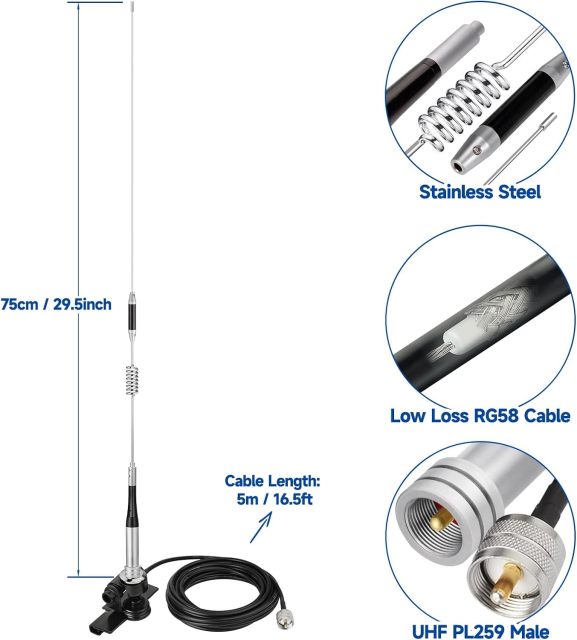 Bingfu Vehicle Ham Radio Mobile Radio Antenna VHF UHF 136-174MHz 400-470MHz Car Truck Amateur Radio Two Way Radio Antenna with Lip Mount Fixed Bracket PL259 Male 5m 16.5 feet RG58 Cable