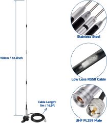 Bingfu High Gain 62inch Mobile Ham Radio Antenna VHF UHF Dual Band 144 430MHz Lip Mount Anti-Rust Antennas PL259 Male 16.5Ft RG58 Cable Vehicle Car Truck Amateur Radio Two Way Radio Antennae
