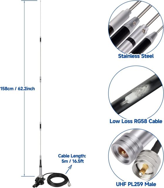 Bingfu High Gain 62inch Mobile Ham Radio Antenna VHF UHF Dual Band 144 430MHz Lip Mount Anti-Rust Antennas PL259 Male 16.5Ft RG58 Cable Vehicle Car Truck Amateur Radio Two Way Radio Antennae