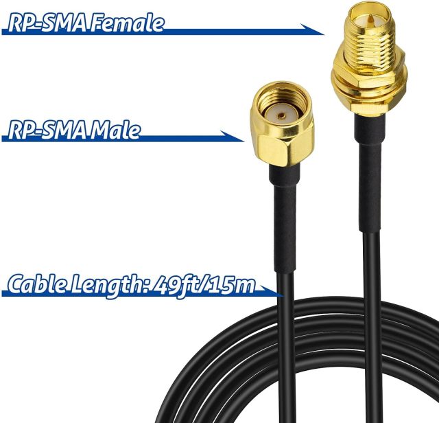BINGFU WiFi Antenna Extension Cable 50 feet RP-SMA Male to RP-SMA Female Bulkhead Mount Double Shielded Low Loss -100 Cable for WiFi Wireless Router Hotspot Security IP Camera