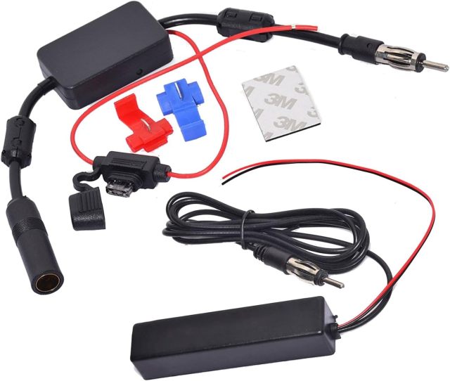 Bingfu Universal Car Stereo Amplified FM Radio Hidden Antenna & Signal Booster Amplifier Amp 12V Power Supply DIN Plug for Vehicle Truck SUV Car Audio Radio Stereo Media Head Unit Receiver