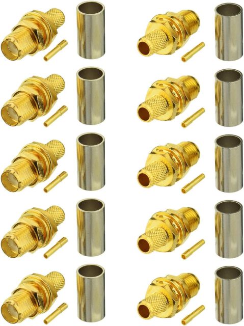 Bingfu SMA Female Bulkhead Mount Crimp Solder Attachment 50 Ohm Gold Plated Copper Connector (10-Pack) Compatible with RG58 RG303 RG141 RG142 RG400 Low Loss 195 Coaxial Coax Jumper Cable