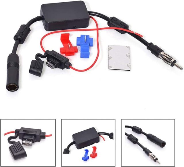 Bingfu Universal Car Stereo Amplified FM Radio Hidden Antenna & Signal Booster Amplifier Amp 12V Power Supply DIN Plug for Vehicle Truck SUV Car Audio Radio Stereo Media Head Unit Receiver