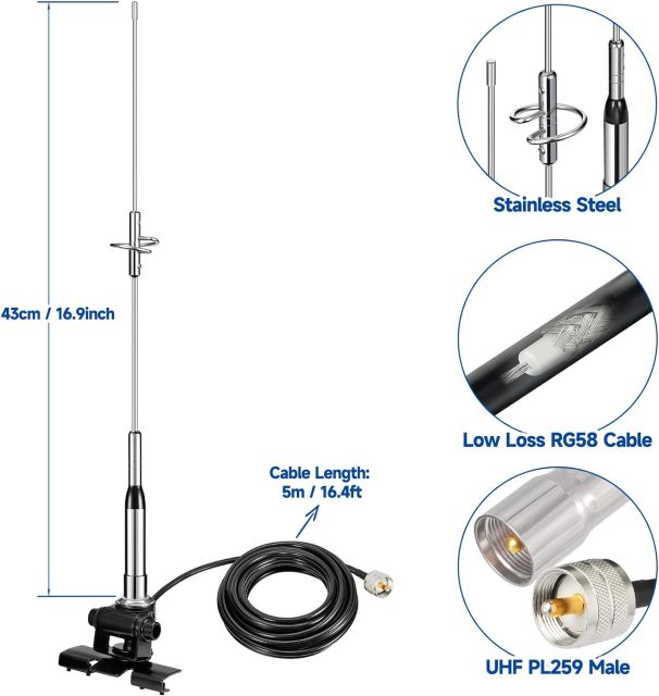 Bingfu Mobile Ham Radio High Gain Antenna Dual Band VHF UHF 136-174MHz 400-470MHz Anti-Rust Antennas with Lip Mount Fixed Bracket 16.4 ft Cable for Car Truck Amateur Two Way Radio Marine VHF Radio