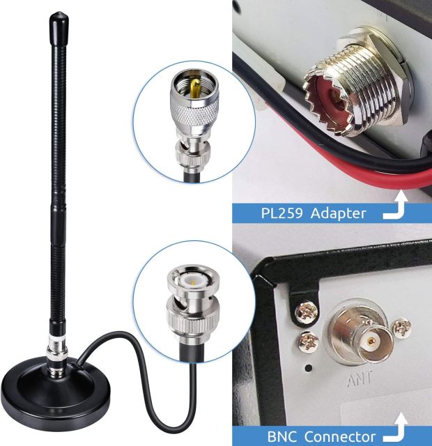 Bingfu CB Antenna 27MHz Magnetic Base CB Radio Antenna BNC & PL259 Male CB Antenna Compatible with Cobra Midland Uniden Maxon President Portable Handheld CB Radio Mobile Radio Police Scanner