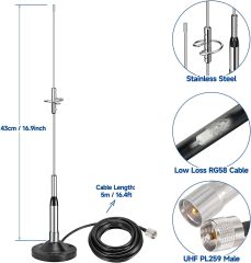 Bingfu Vehicle Mobile Ham Radio High Gain Antenna Dual Band VHF UHF 136-174MHz 400-470MHz Amateur Radio Anti-Rust Antennas with Magnetic Base 16.4ft Cable for Car Truck Two Way Radio Marine VHF Radio