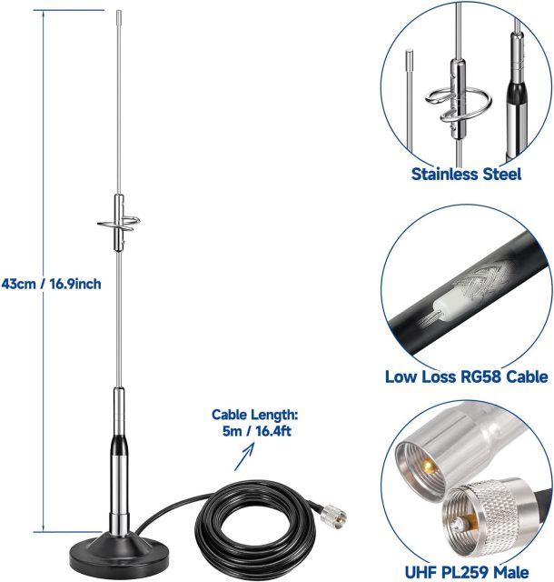 Bingfu Vehicle Mobile Ham Radio High Gain Antenna Dual Band VHF UHF 136-174MHz 400-470MHz Amateur Radio Anti-Rust Antennas with Magnetic Base 16.4ft Cable for Car Truck Two Way Radio Marine VHF Radio