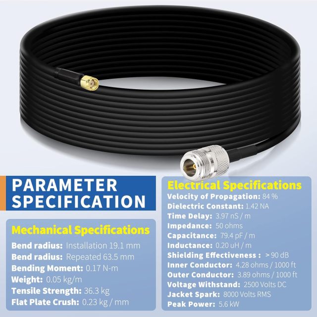 BINGFU N Female to RP-SMA Male Pure Copper Low Loss Coaxial Cable 20ft Compatible with 4G WiFi Cellular LTE Amplifier Extender Transceivers Phone Signal Booster Lora Surge Arrester Cables