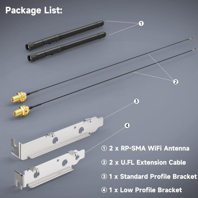 Bingfu M.2 WiFi Antenna 2.4GHz 5GHz 5.8GHz 3dBi MIMO RP-SMA Male + 2 x 9.84 inch Ngff Ipex4 to Rp-SMA Cable + PCI Slot Bracket for M.2 NGFF Intel Wireless Network Card WiFi Adapter Laptop