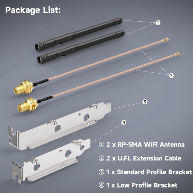 Bingfu Dual Band WiFi Antenna 2.4GHz 5GHz 5.8GHz 3dBi MIMO RP-SMA Male + 2 x 7.87 inch u.fl to Rp-SMA Cable + PCIe Slot Bracket for WiFi Router Wireless Mini PCI Express PCIE Network Card Adapter