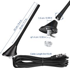 Eightwood Car Stereo AM FM Radio Antenna, Universal Roof Mount Antenna Replacement with Mount Base 16ft Extension Cable for Vehicle Car Truck Stereo Receiver Head Unit FM HD Radio