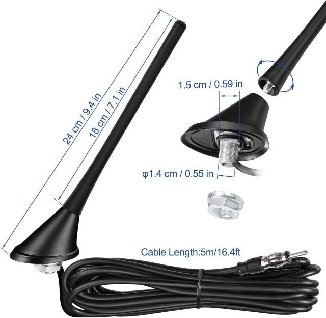 Eightwood Car Stereo AM FM Radio Antenna, Universal Roof Mount Antenna Replacement with Mount Base 16ft Extension Cable for Vehicle Car Truck Stereo Receiver Head Unit FM HD Radio