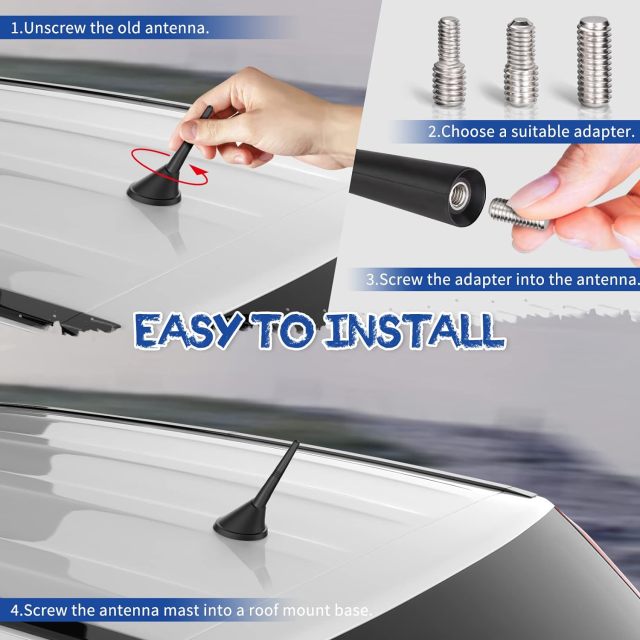 Eightwood Universal Short Car Antenna 3.6 inch, Roof Mount Vehicle AM FM Radio Antenna Mast Replacement, Flexible Rubber Antennae with M4 M5 M6 Thread Adapters