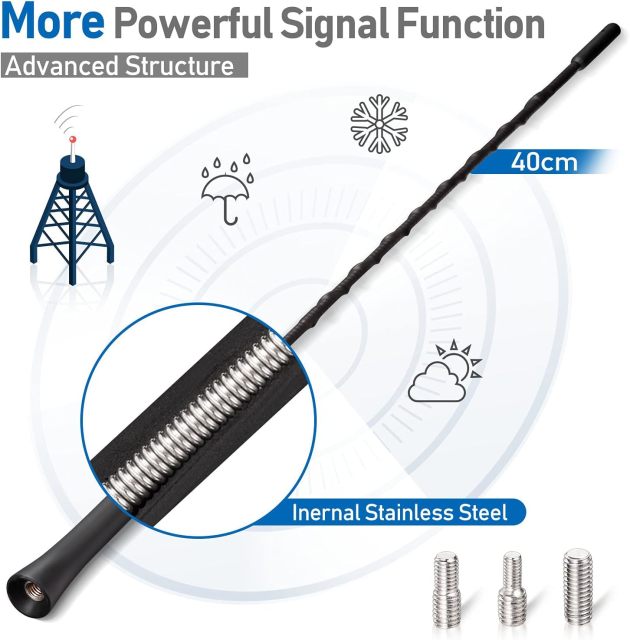 Eightwood Universal Vehicle Antenna Replacement 16 inch, AM FM Roof Mount Car Radio Antenna Mast, Flexible Rubber Antennae with M4 M5 M6 Threaded Adapter