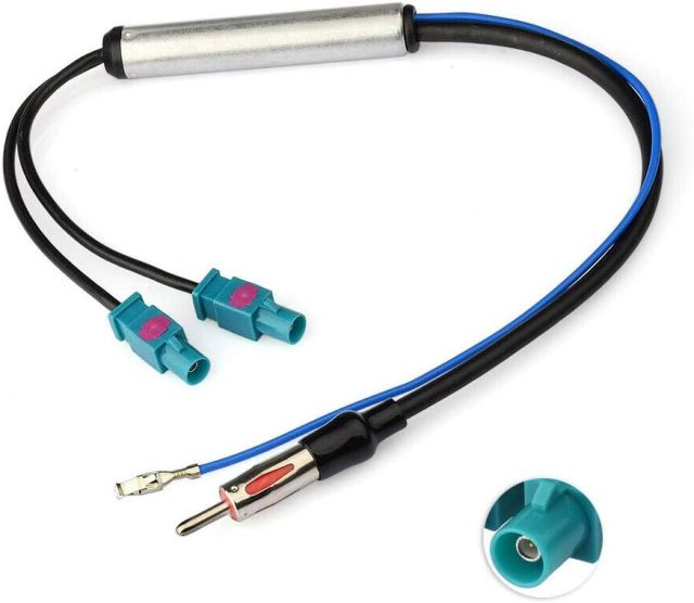 Eightwood Dual Fakra Z Plug to DIN Plug FM AM Car Radio Antenna Adapter 12V+ Active Amplifier Cable 12in Compatible with Aftermarket GPS Navigation Stereo Head Unit Receiver