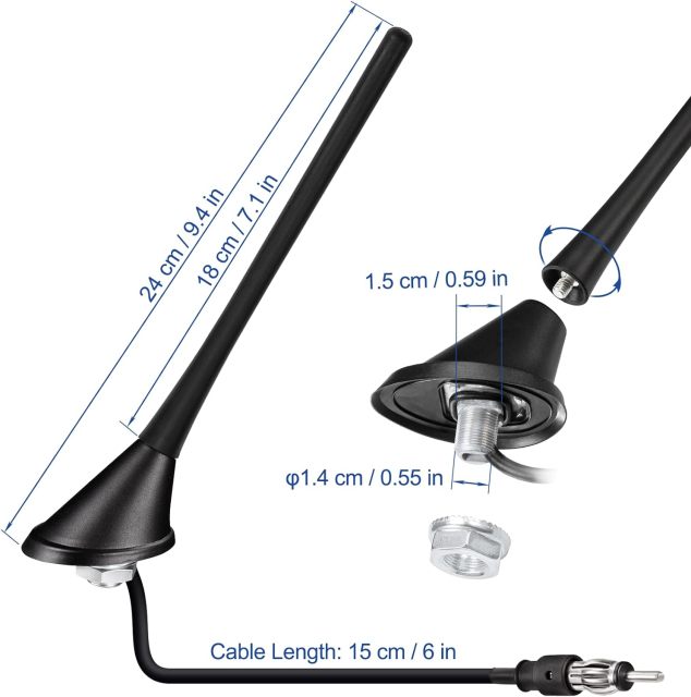 Eightwood Car Stereo AM FM Radio Antenna, Universal Roof Mount Antenna Replacement with Mount Base DIN Plug Connector for Vehicle Car Truck Stereo Receiver Head Unit FM HD Radio