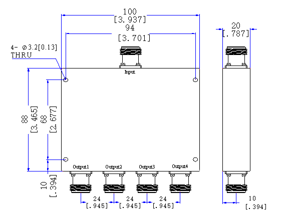300~700 MHz N Female 4 Way Power Divider 50 Ohm Wide-Band Signal Splitter