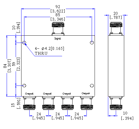 380～4600 MHz N Female 4 Way Power Divider 50 Ohm Wide-Band Signal Splitter