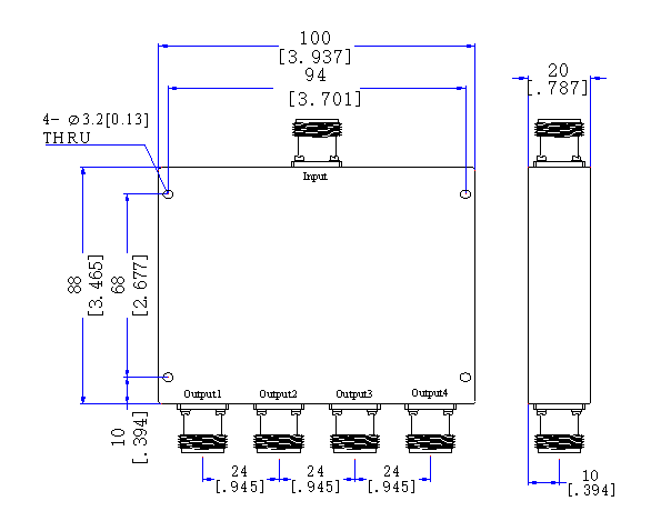 351～356 MHz N Female 4 Way Power Divider 50 Ohm Wide-Band Signal Splitter