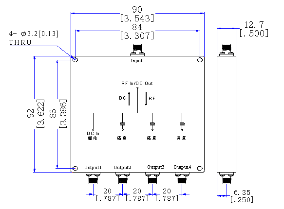 500～3000 MHz SMA Female 4 Way Power Divider 50 Ohm Wide-Band Signal Splitter
