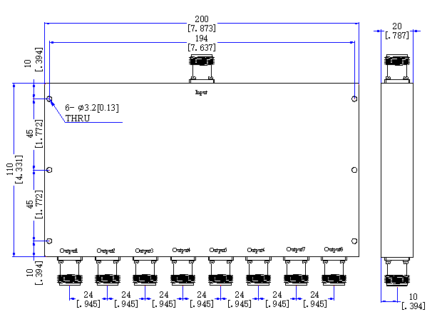 500～4000 MHz N  Female 8  Way Power Divider 50 Ohm Wide-Band Signal Splitter