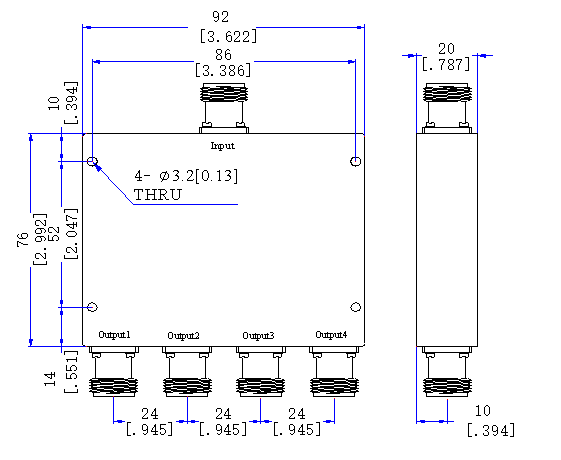 555～3400 MHz N Female 4 Way Power Divider 50 Ohm Wide-Band Signal Splitter