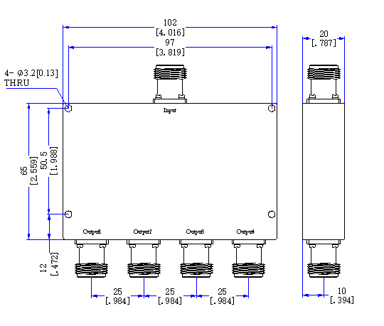 800～3500 MHz N Female 4 Way Power Divider 50 Ohm Wide-Band Signal Splitter