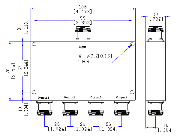950～2150 MHz N Female 4 Way Power Divider 50 Ohm Wide-Band Signal Splitter