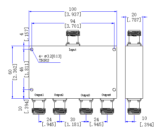950～4000 MHz N Female 4 Way Power Divider 50 Ohm Wide-Band Signal Splitter