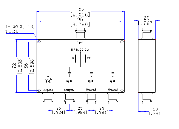 1100～1700  MHz BNC Female 4 Way Power Divider 50 Ohm Wide-Band Signal Splitter