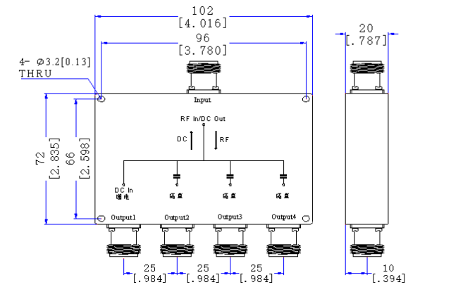 1100～1700  MHz N Female 4 Way Power Divider 50 Ohm Wide-Band Signal Splitter