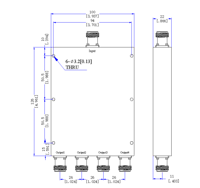 1280～1320 MHz N Female 4 Way Power Divider 50 Ohm Wide-Band Signal Splitter