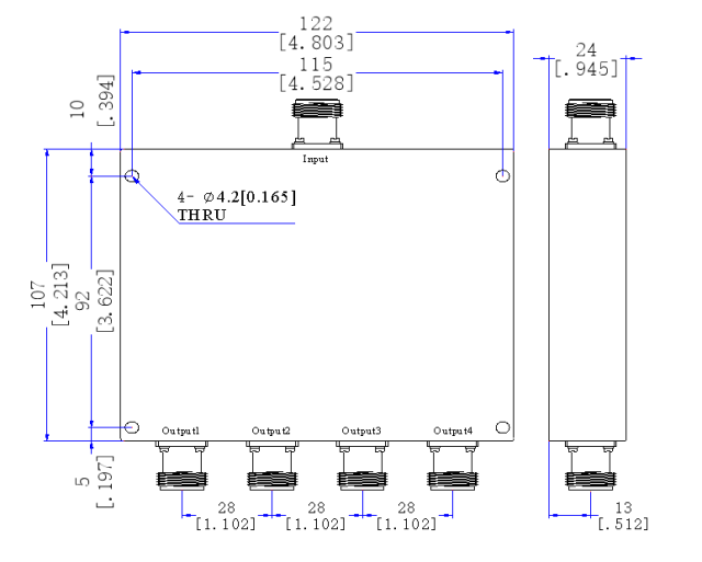 1200～1600  MHz N Female 4 Way Power Divider 50 Ohm Wide-Band Signal Splitter