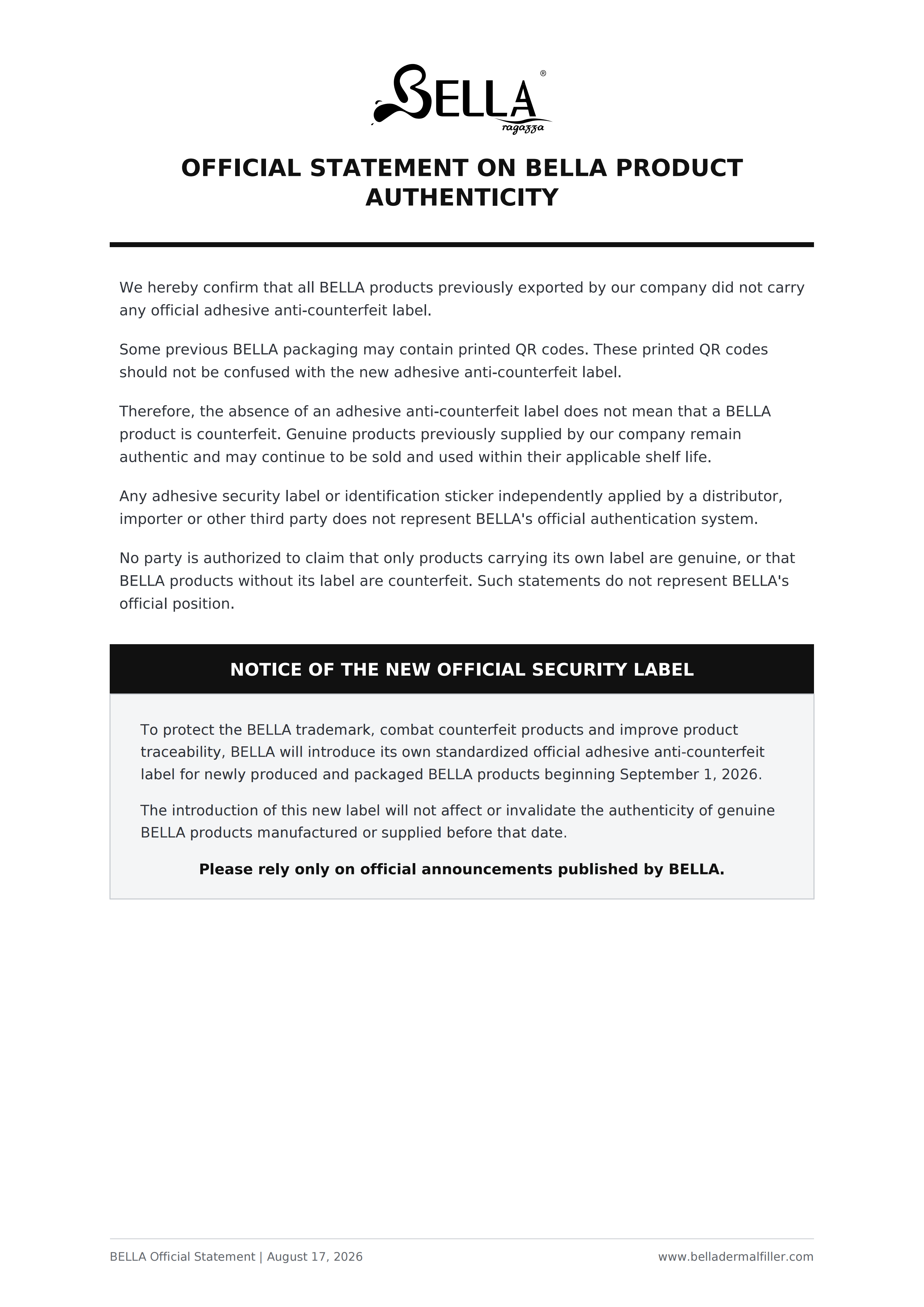 BELLA Official Statement on Product Authenticity - August 17, 2026