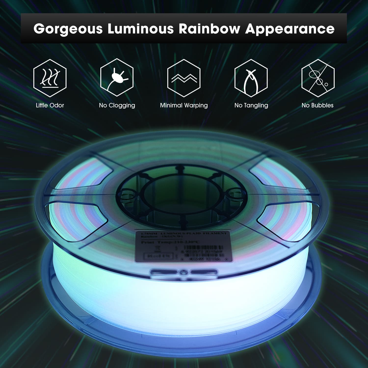 eSUN Luminous Rainbow PLA 1.75mm 3D Printer Filament 1KG Glow in the Dark
