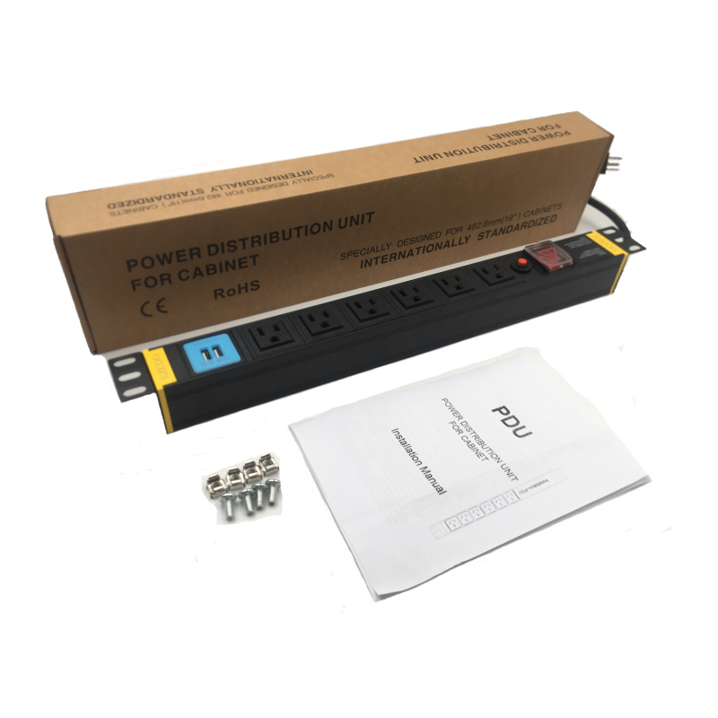 120V/15A  PDU 6 Outlets with Surge Protection USB charge 19in Rackmount Power Distribution Unit