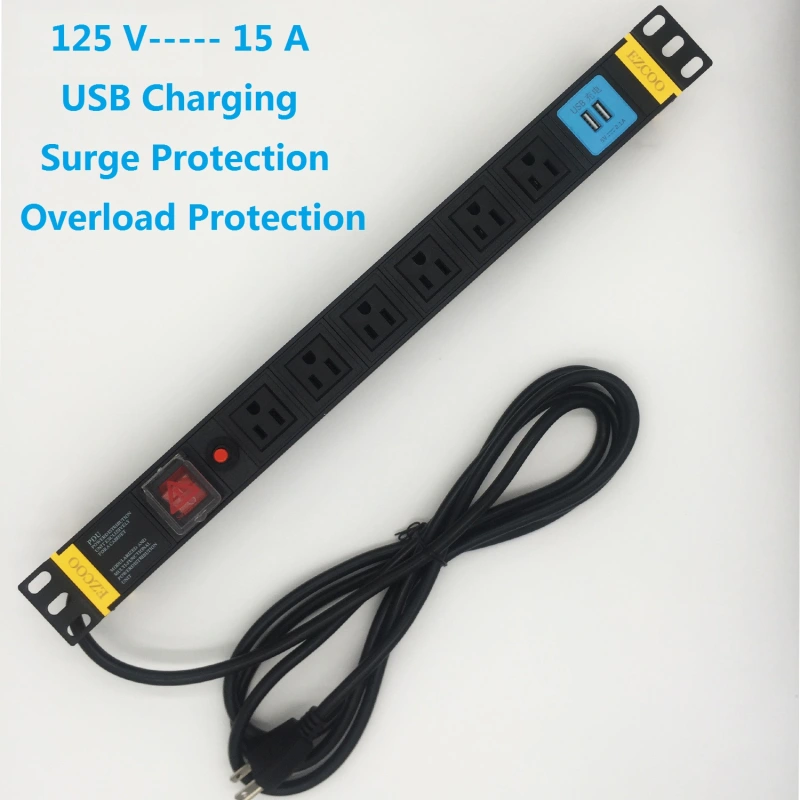 120V/15A  PDU 6 Outlets with Surge Protection USB charge 19in Rackmount Power Distribution Unit